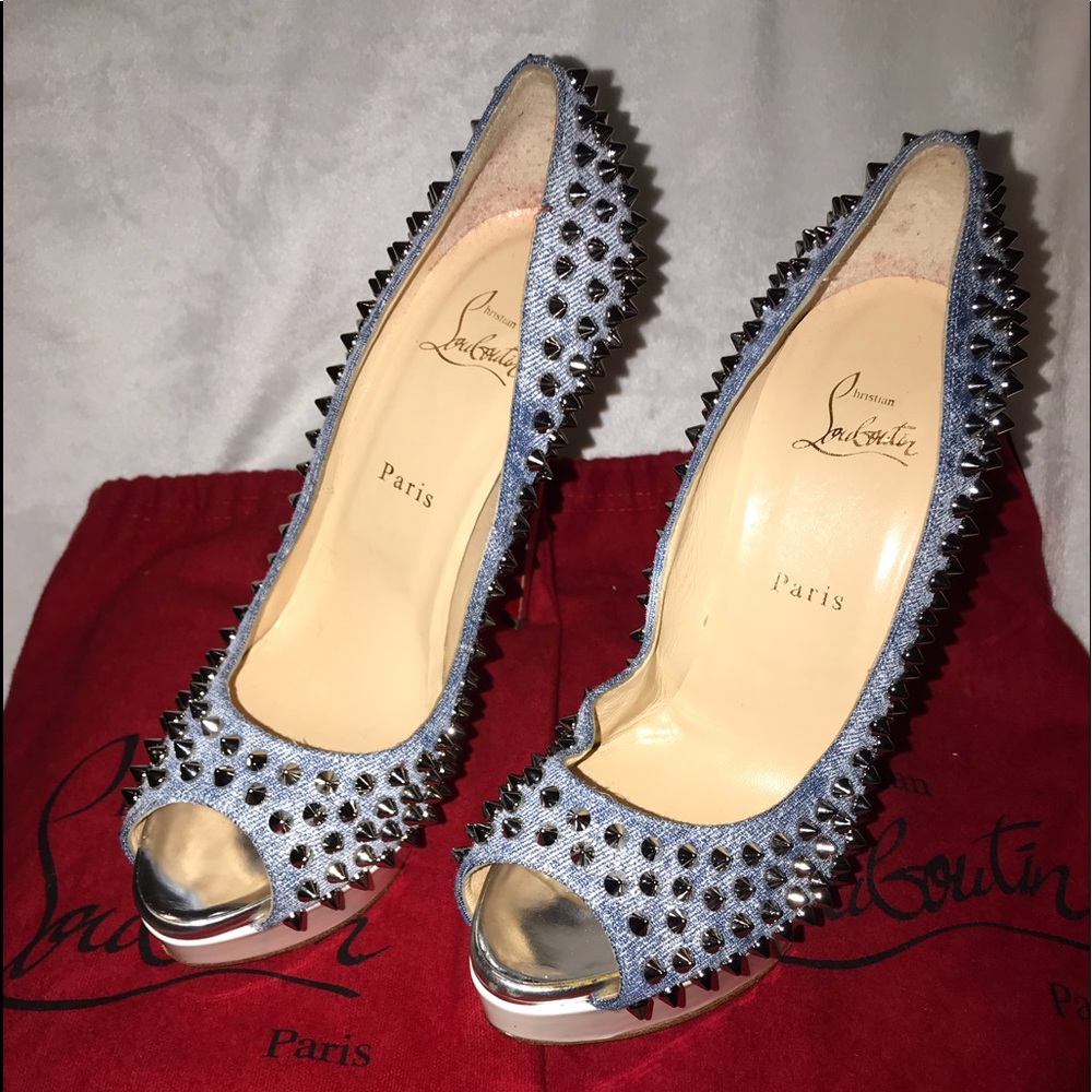 Louboutin Lady Peep Spikes Jean/Patent Pl - Picture 6 of 10